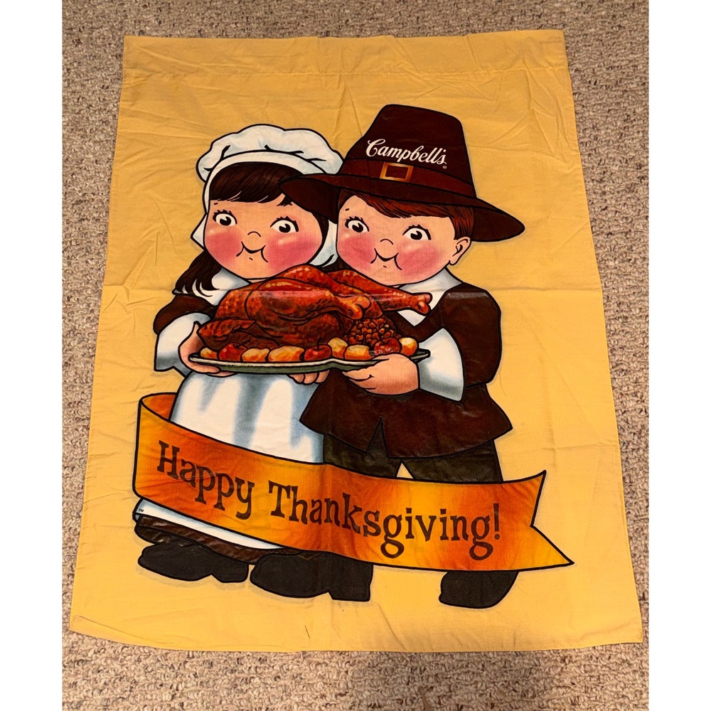 Vtg Campbells Retro Happy Thanksgiving House Flag Pilgrim Turkey Banner 28x21